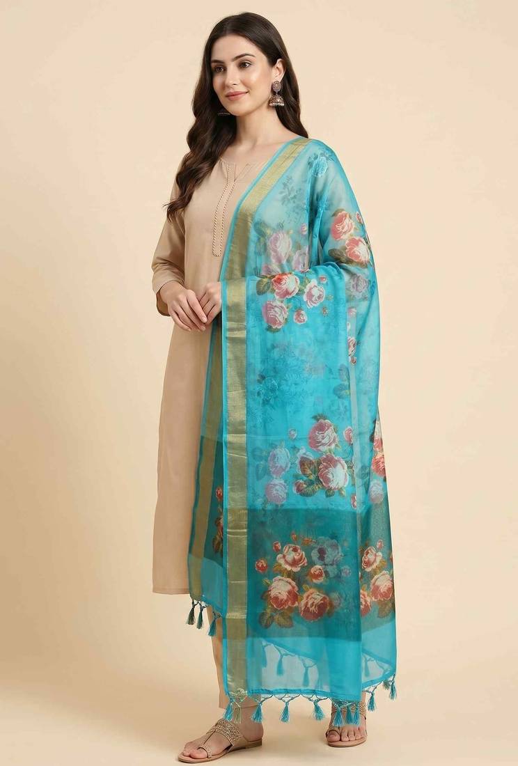 Banarasi pure chiffon silk dupatta in skyblue colour with floral digital print  work