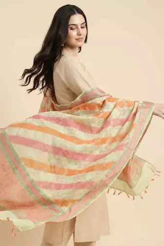 Banarasi pure khaddi georgette silk dupatta in yellow colour with multicolour work