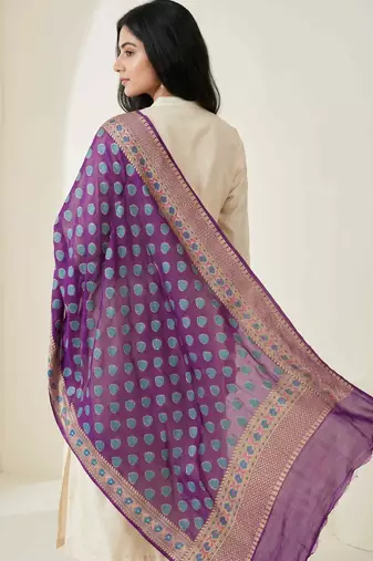 Banarasi pure chiffon silk dupatta in purple colour with floral work