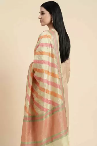Banarasi pure khaddi georgette silk dupatta in yellow colour with multicolour work