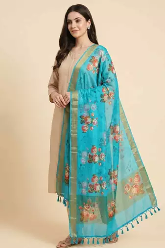 Banarasi pure chiffon silk dupatta in skyblue colour with floral digital print  work