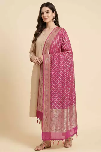 Banarasi pure khaddi georgette silk dupatta in pink colour with minakari work