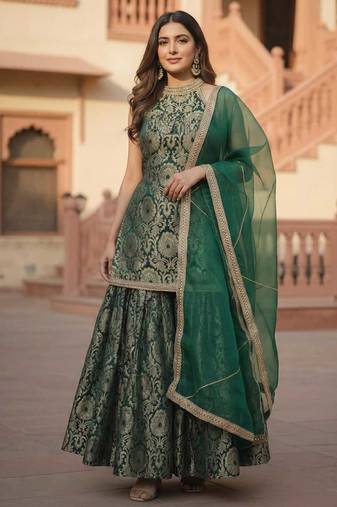 The Emerald Mughal-Print Banarasi Brocade Sharara Set
