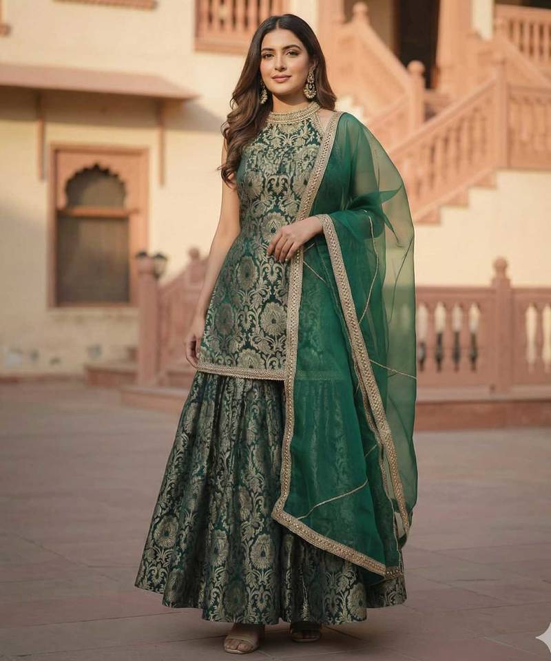 The Emerald Mughal-Print Banarasi Brocade Sharara Set