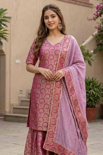 Royal Magenta Brocade Kurta & Flared Sharara with Striped Dupatta