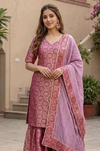 Royal Magenta Brocade Kurta & Flared Sharara with Striped Dupatta