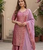 Royal Magenta Brocade Kurta & Flared Sharara with Striped Dupatta