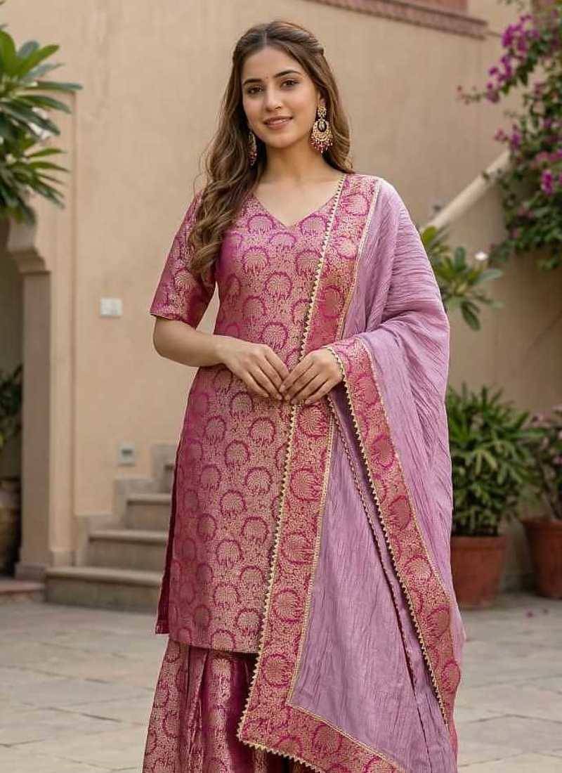 Royal Magenta Brocade Kurta & Flared Sharara with Striped Dupatta
