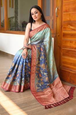 Blue Color Printed,zari border Work Silk Blend Saree 1