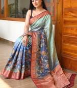 Blue Color Printed,zari border Work Silk Blend Saree