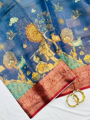 Blue Color Printed,zari border Work Silk Blend Saree 3