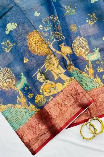 Blue Color Printed,zari border Work Silk Blend Saree