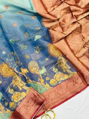 Blue Color Printed,zari border Work Silk Blend Saree 4