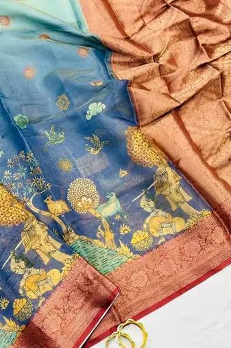 Blue Color Printed,zari border Work Silk Blend Saree
