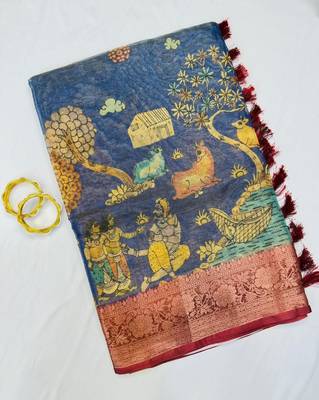 Blue Color Printed,zari border Work Silk Blend Saree 5