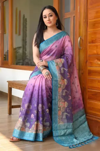 Purple Color Printed,zari border Work Silk Blend Saree