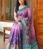 Purple Color Printed,zari border Work Silk Blend Saree
