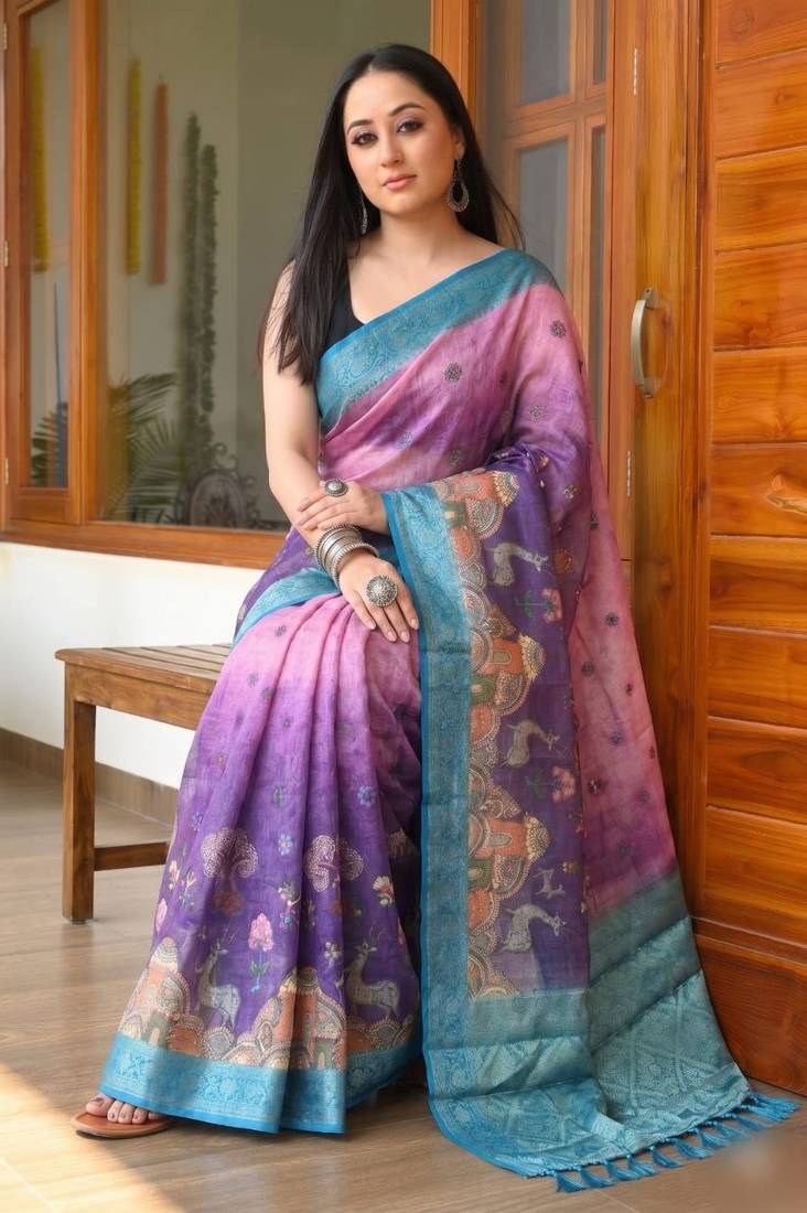 Purple Color Printed,zari border Work Silk Blend Saree