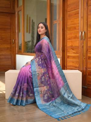 Purple Color Printed,zari border Work Silk Blend Saree 2