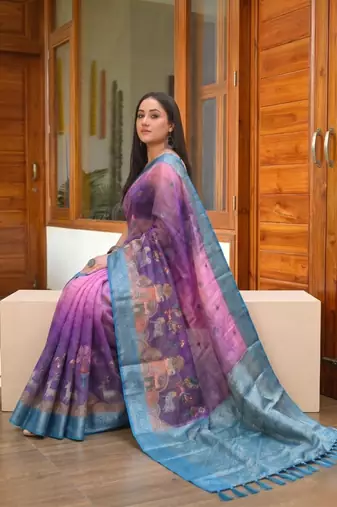 Purple Color Printed,zari border Work Silk Blend Saree