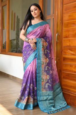 Purple Color Printed,zari border Work Silk Blend Saree 3