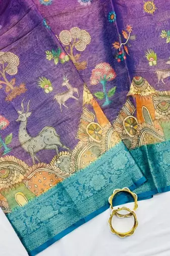 Purple Color Printed,zari border Work Silk Blend Saree