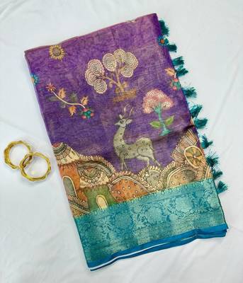 Purple Color Printed,zari border Work Silk Blend Saree 5