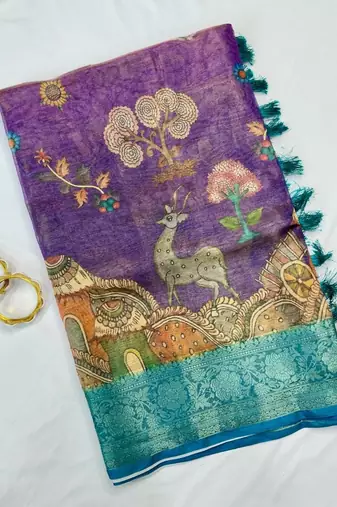 Purple Color Printed,zari border Work Silk Blend Saree
