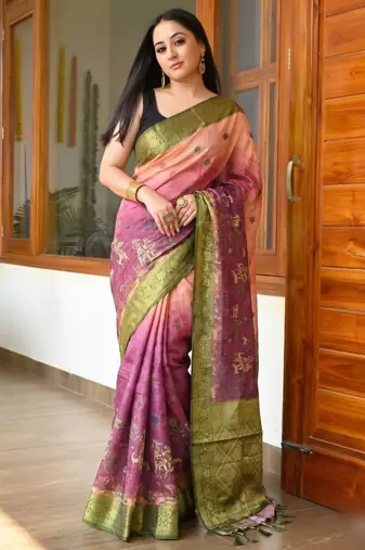 Olive Color Printed,zari border Work Silk Blend Saree