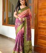 Olive Color Printed,zari border Work Silk Blend Saree