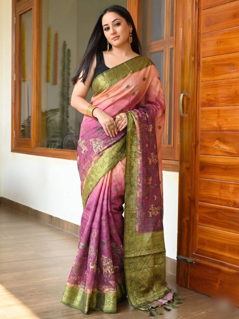 Olive Color Printed,zari border Work Silk Blend Saree