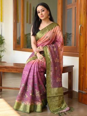 Olive Color Printed,zari border Work Silk Blend Saree 2