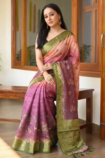 Olive Color Printed,zari border Work Silk Blend Saree