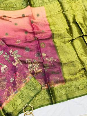 Olive Color Printed,zari border Work Silk Blend Saree 4