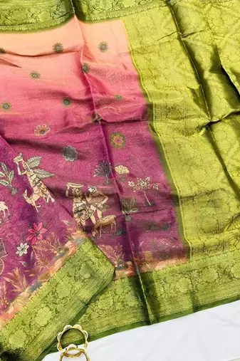 Olive Color Printed,zari border Work Silk Blend Saree