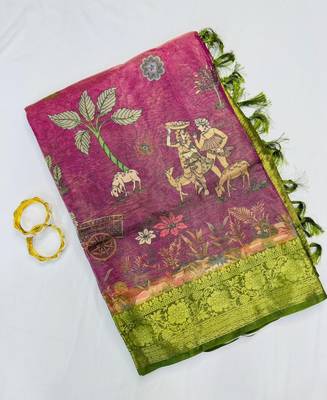 Olive Color Printed,zari border Work Silk Blend Saree 5