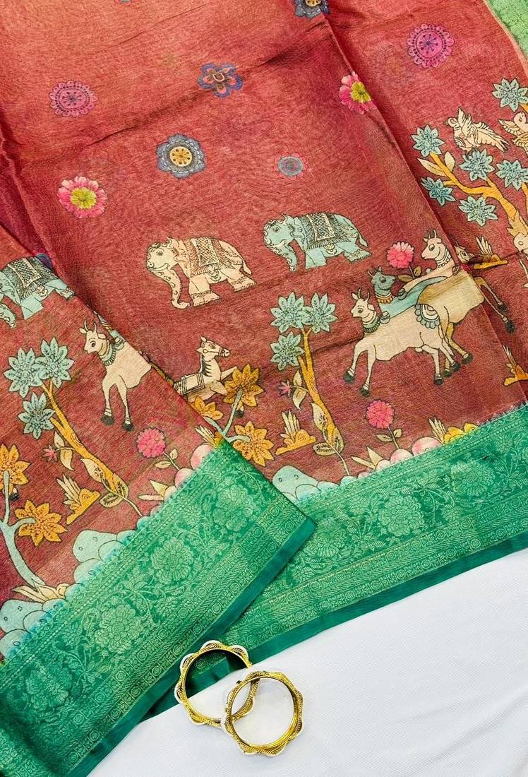 Peach Color Printed,zari border Work Silk Blend Saree