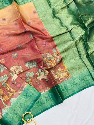 Peach Color Printed,zari border Work Silk Blend Saree 2