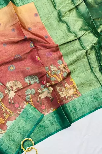 Peach Color Printed,zari border Work Silk Blend Saree