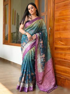 Wine Color Printed,zari border Work Silk Blend Saree 1