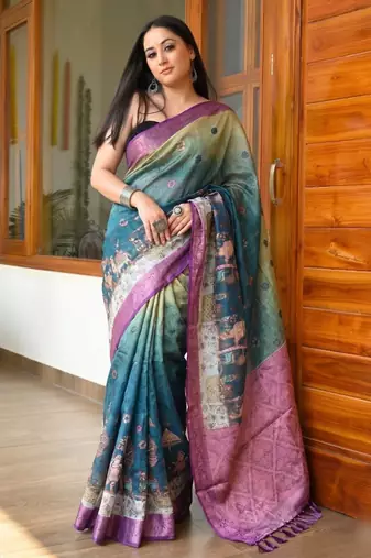 Wine Color Printed,zari border Work Silk Blend Saree