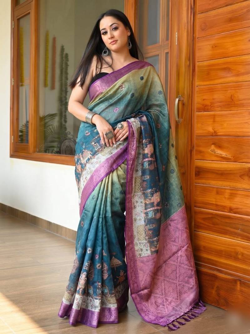 Wine Color Printed,zari border Work Silk Blend Saree