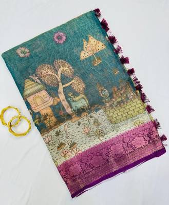 Wine Color Printed,zari border Work Silk Blend Saree 4