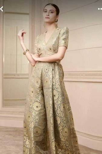 Banarasi Brocade Jumpsuit | Pista Gold Party Wear Ethnic Suit