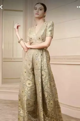Banarasi Brocade Jumpsuit | Pista Gold Party Wear Ethnic Suit