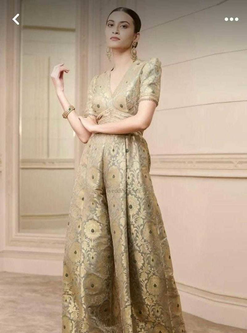 Banarasi Brocade Jumpsuit | Pista Gold Party Wear Ethnic Suit