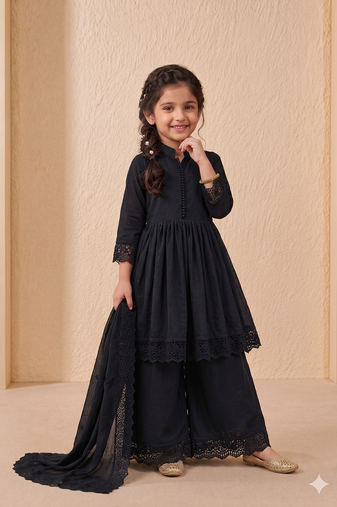 Girls black roman silk pleated anarkali kurta with palazzo & dupatta set