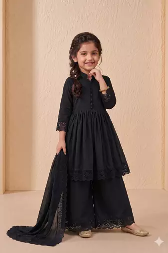 Girls black roman silk pleated anarkali kurta with palazzo & dupatta set
