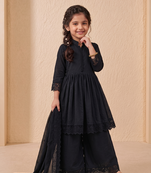 Girls black roman silk pleated anarkali kurta with palazzo & dupatta set