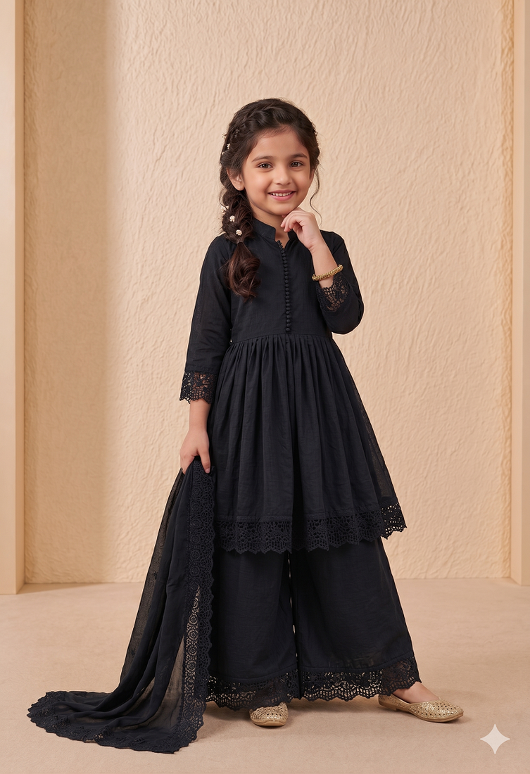 Girls black roman silk pleated anarkali kurta with palazzo & dupatta set